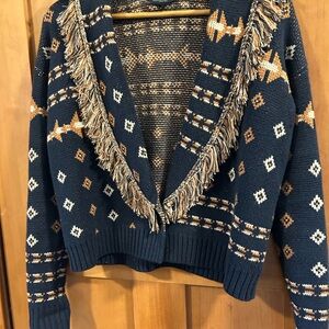 Pendleton Navy Geometric Cardigan with Fringe